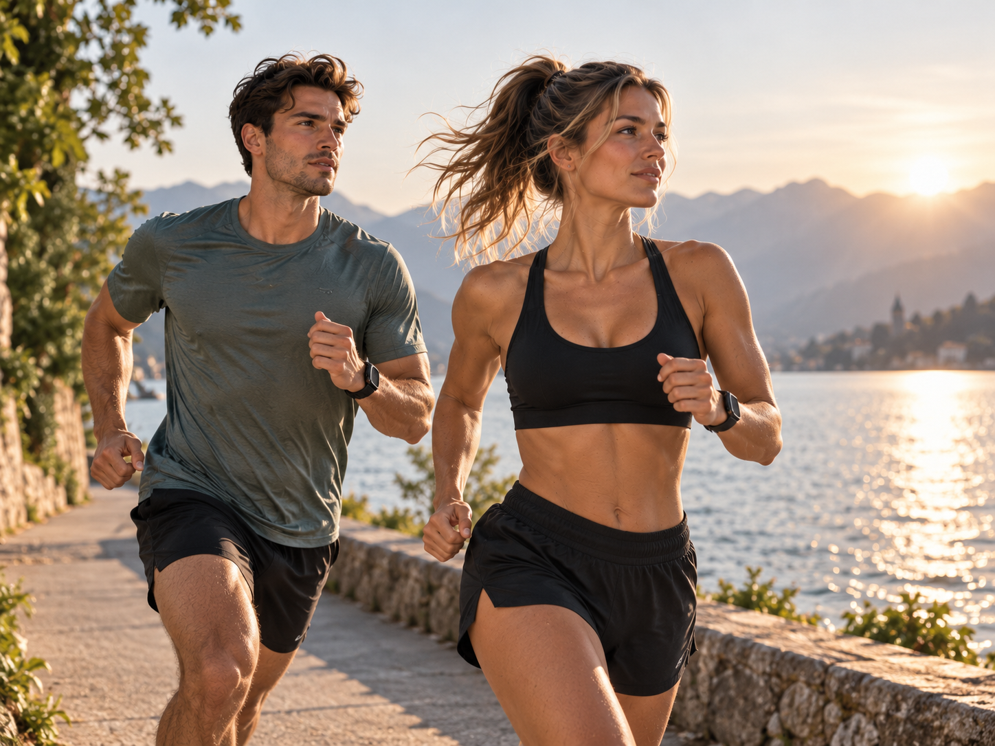 Man and woman running along a lakeside promenade at sunrise