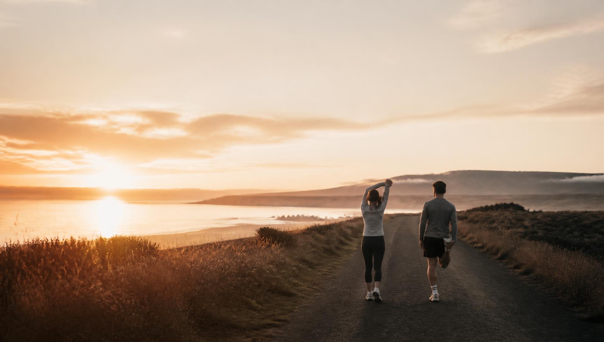 Two people stretching on an open coastal path at sunrise