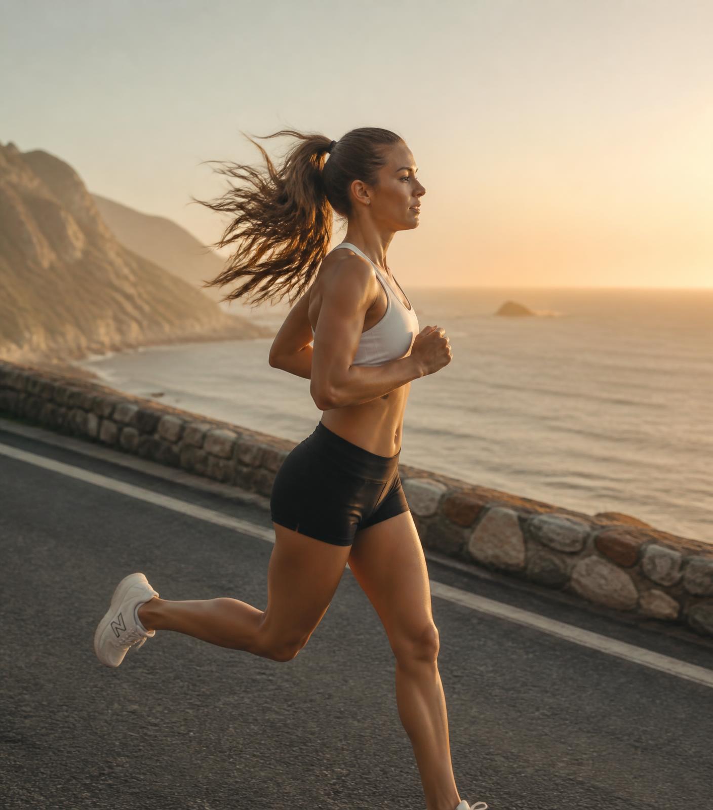 Woman running along a coastal road at sunrise