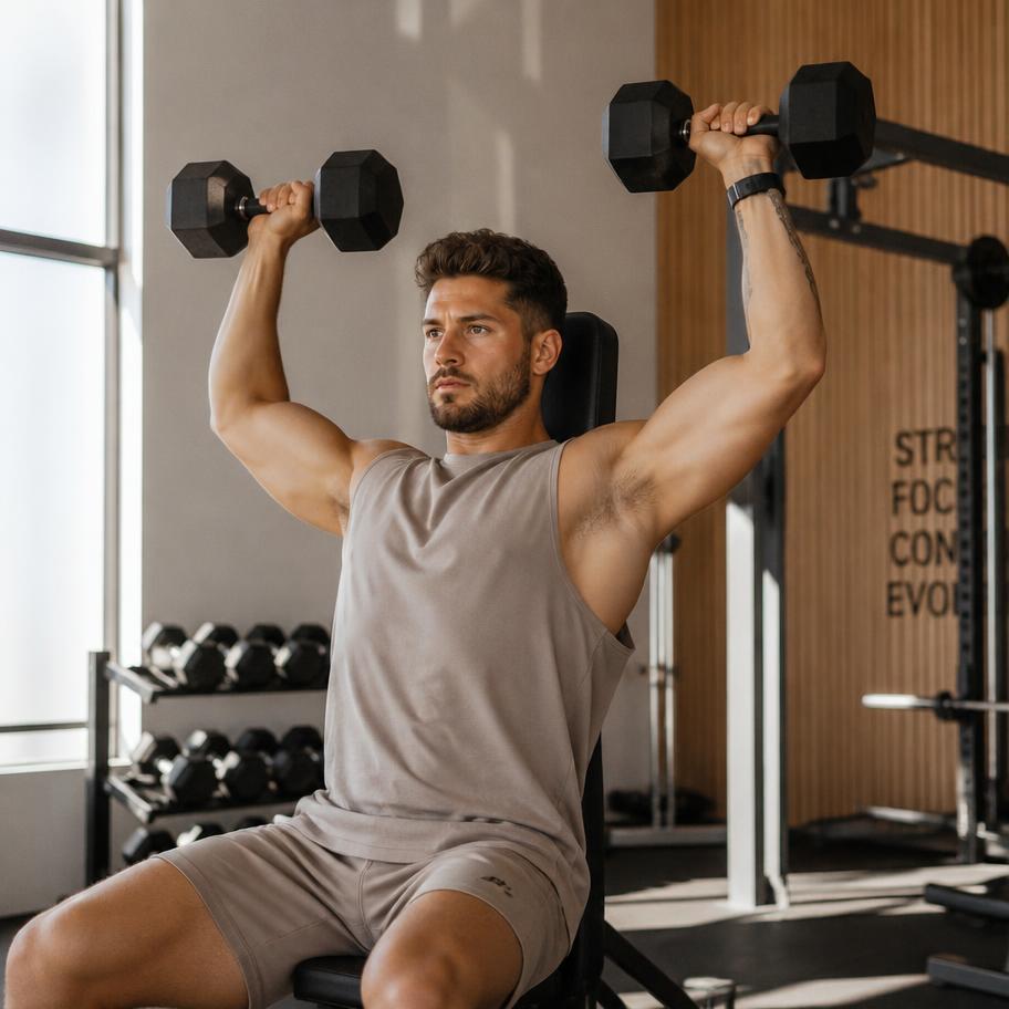 Man performing a dumbbell shoulder press in a bright gym