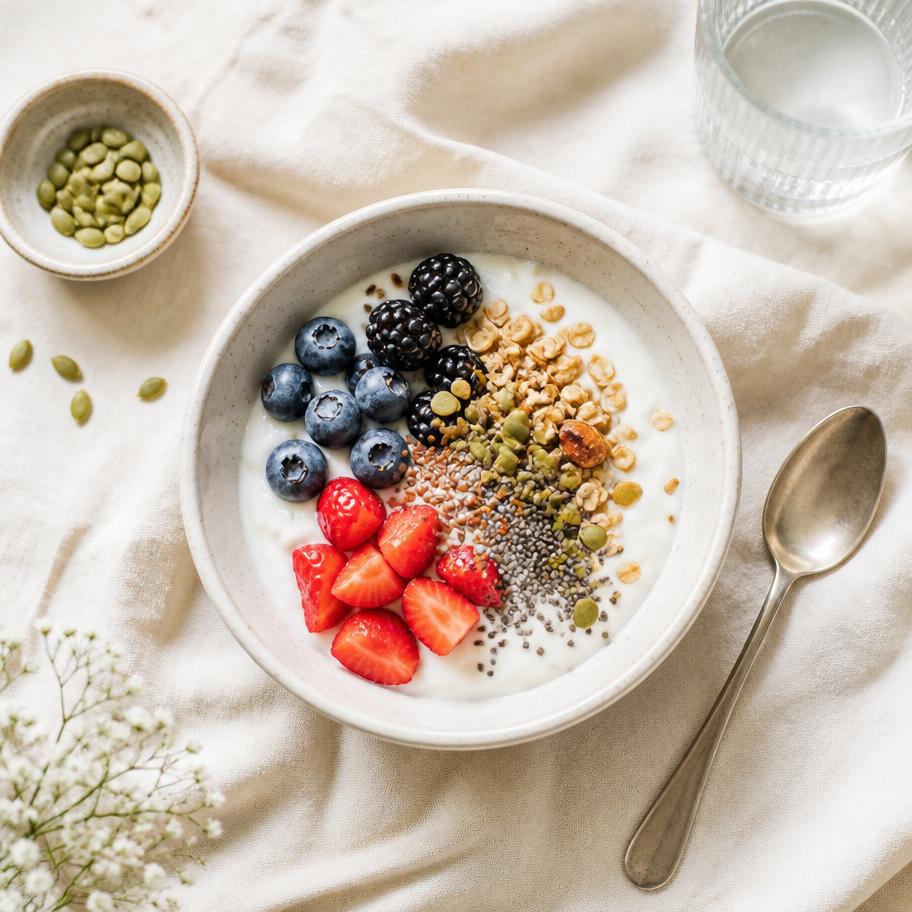 Healthy breakfast bowl with yogurt, berries and seeds