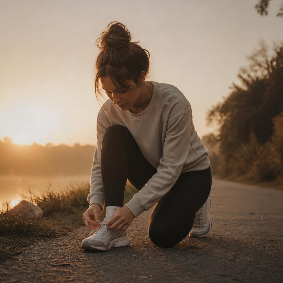 Woman lacing running shoes on a path at sunrise