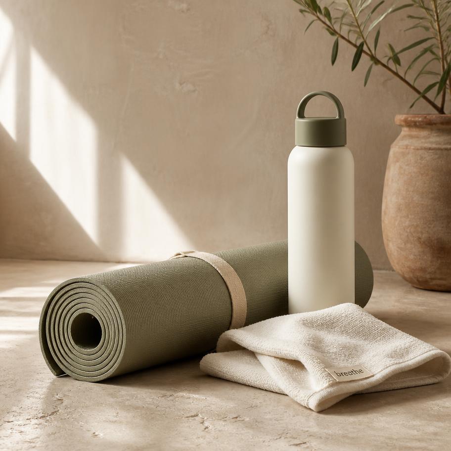 Rolled yoga mat, water bottle and towel in soft window light